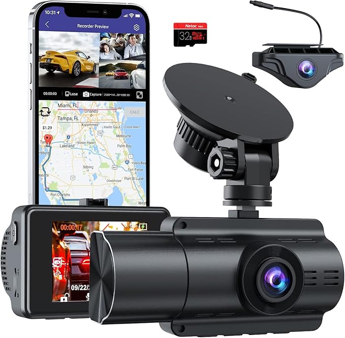 Moplasz Dash Cam Front Rear, 4K Full HD Dash Camera for Cars, Included 32GB Card, 3 Channel Dashcam Built-in Wi-Fi GPS, Night Vision, WDR, 24H Parking Mode (2160p Dash)
