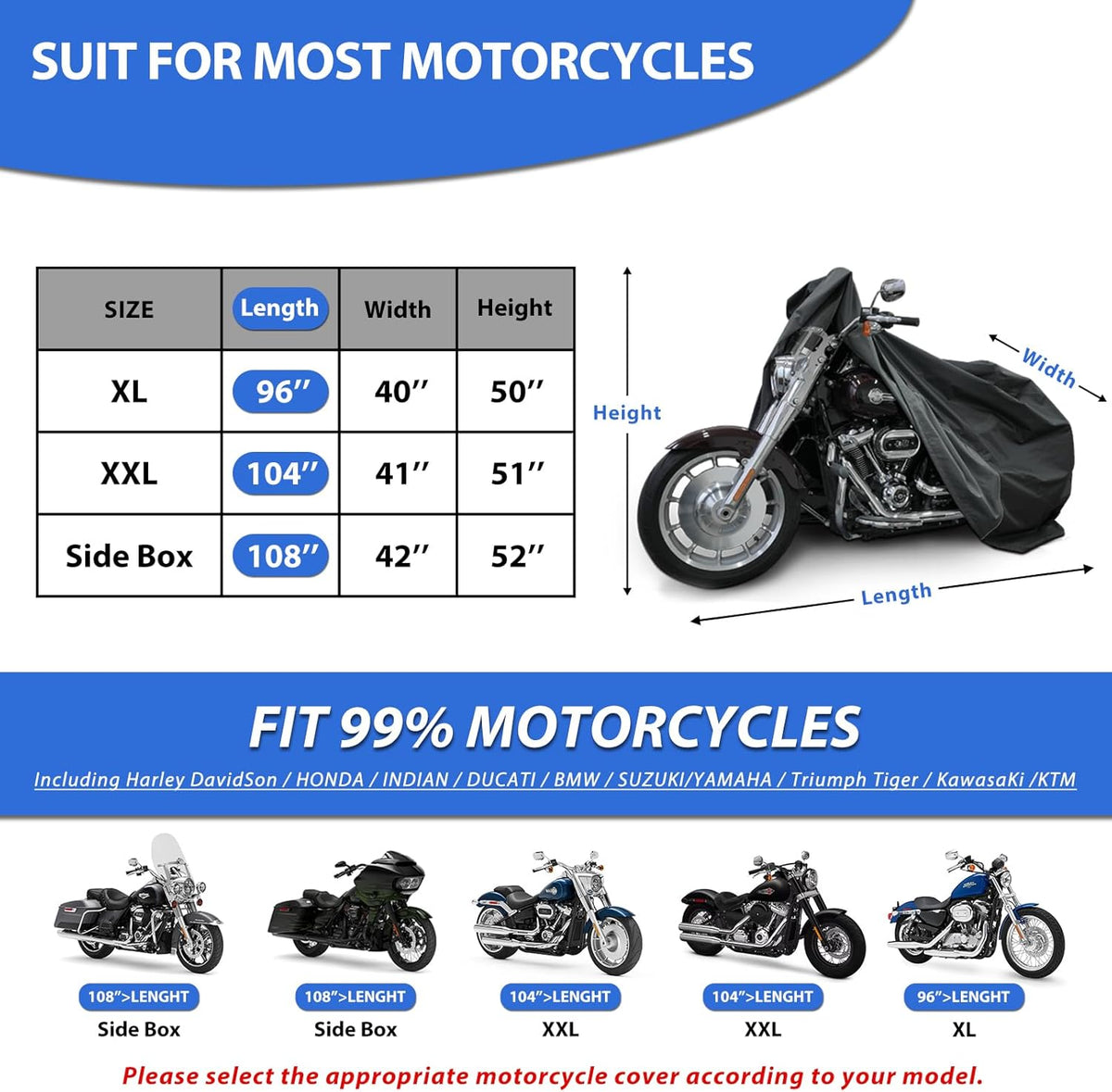 Motorcycle Cover for Cruiser Models Harley Davidson Iron 883, Fat Boy, Softail Slim, Softail Standard, Street Bob 114, Sport Glide, and Most Motorcycles - Waterproof Motorcycle Cover Outdoor Storage