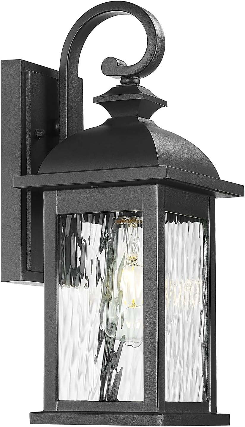 FEMILA Outdoor Wall Light Fixture,1-Light Exterior Waterproof Wall Sconce, 15" Front Porch Lights,Anti-Rust Matte Black Finish with Water Ripple Glass,4FD54B BK-WP