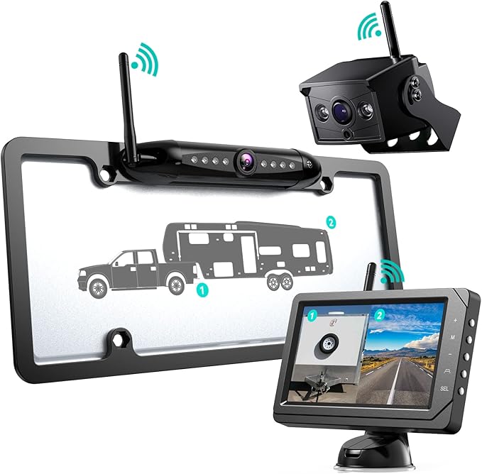 Backup Camera for RV, Split Screen 5 Inch HD Monitor W/Wireless License Plate Backup Camera & Wireless Rear View Camera, IR Night Vision Waterproof For Trailer, 5th Wheel