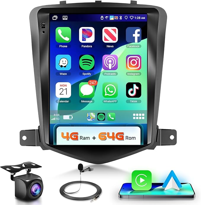 4G+64G Car Radio Stereo for Chevrolet Cruze 2009-2015 with Wireless CarPlay Android Auto,Tesla Style 9.7 Inch IPS Touch Screen Android 13 GPS WiFi Bluetooth DSP Audio USB Dual Mic HD Rear Camera