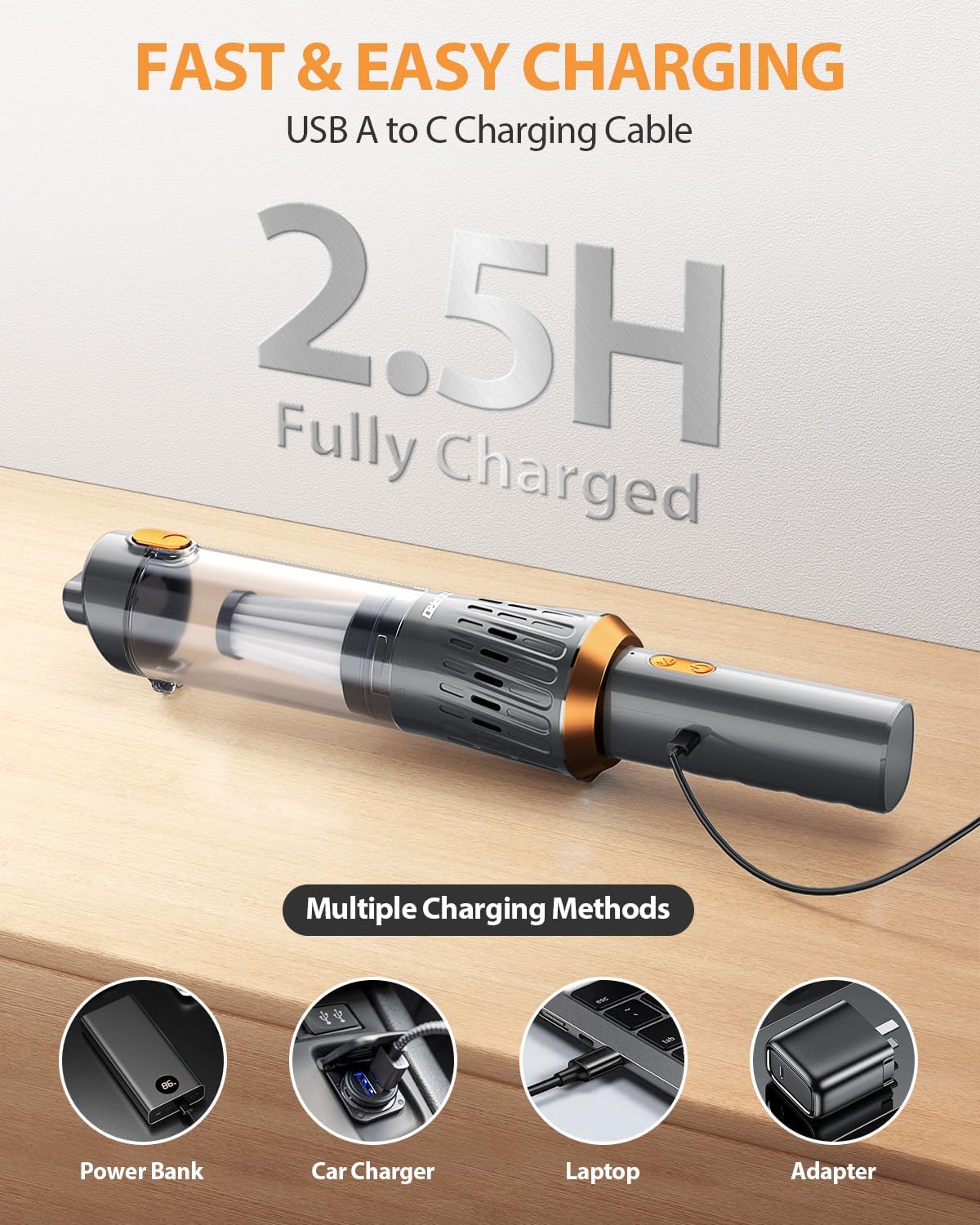 Handheld Vacuum Cordless 15000PA Car Vacuum 3-in-1 Hand Held Vacuums 1.1 Pounds Hand Vac Cordless Rechargeable One-Touch Empty for Cleaning Cars Offices Homes Pet Hair and Dust (Orange)