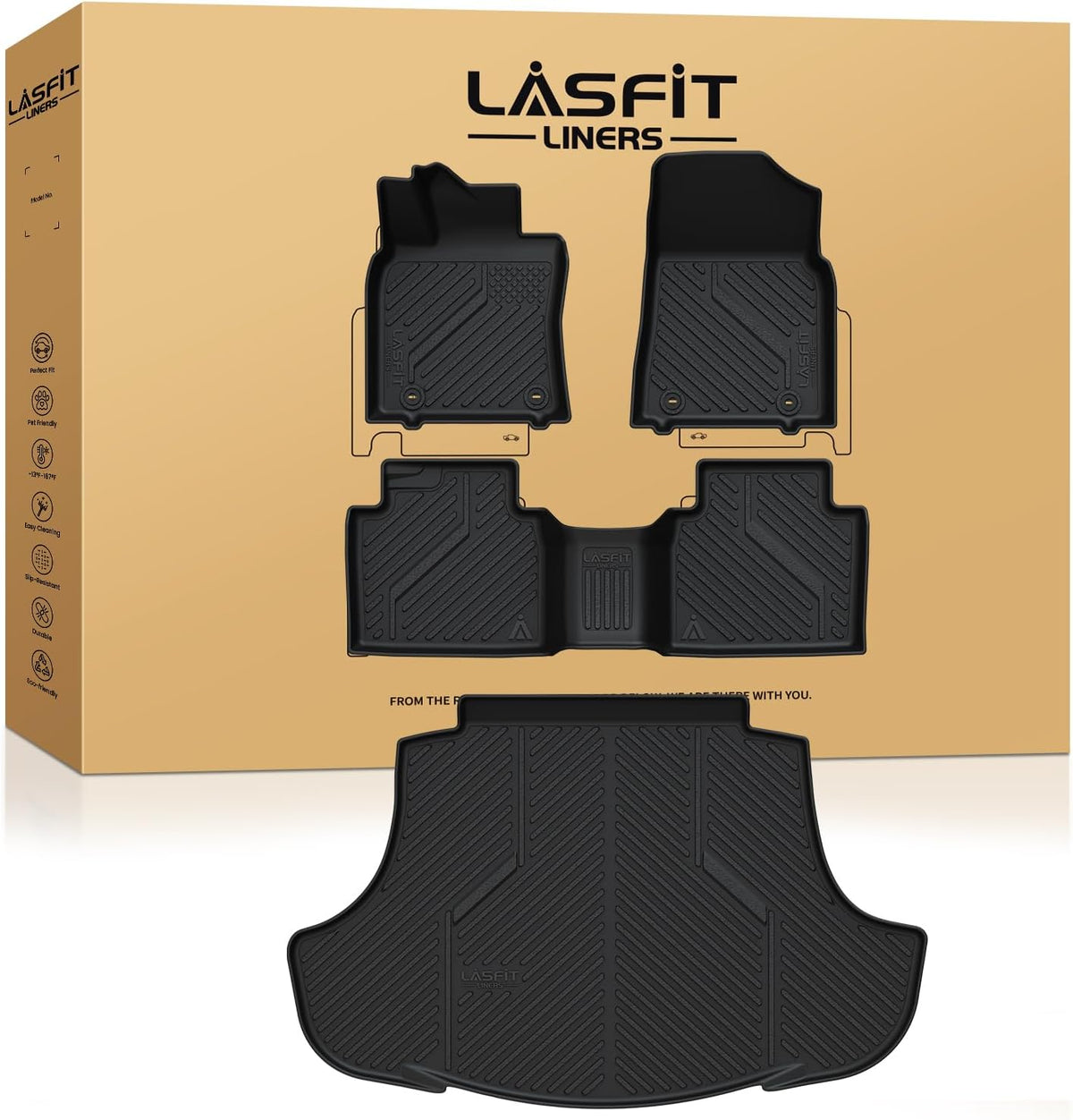 LASFIT Floor Mats & Cargo Mat for Lexus ES 2019-2025(Only Fit FWD), TPE All Weather Custom Fit 1st & 2nd Row Rubber Car Mats and Cargo Liner, Black Easy to Clean