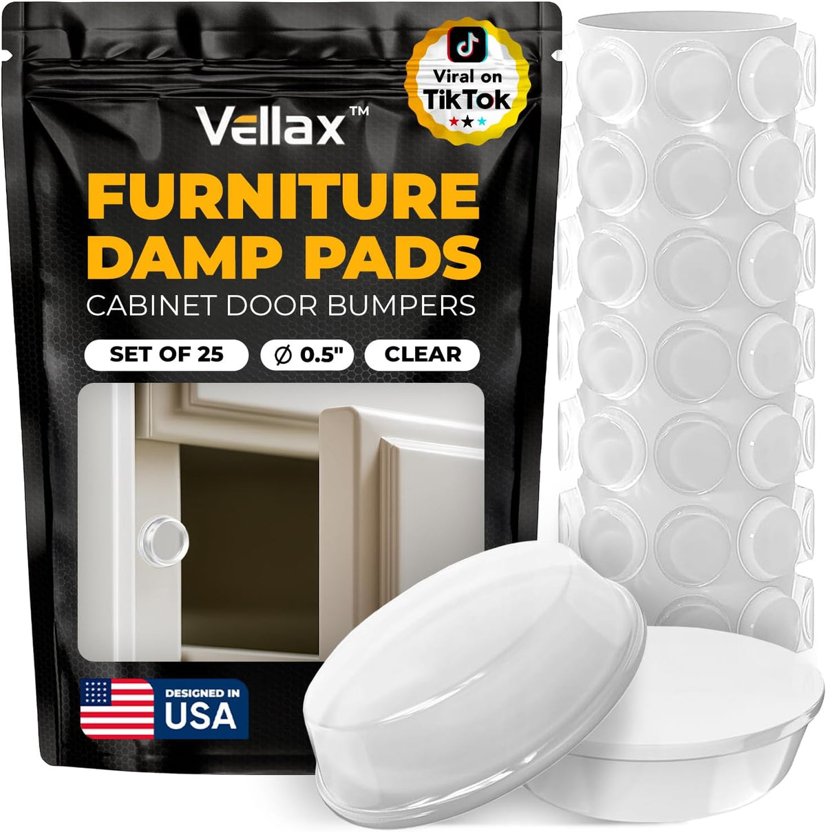 25 Clear Cabinet Door Bumpers - 1/2” Diameter White Self Adhesive Pads, Stoppers, Rubber Bumpers for Drawers, Cupboards, Cutting Boards, Glass Tops, Picture Frames, Kitchen Furniture by Vellax