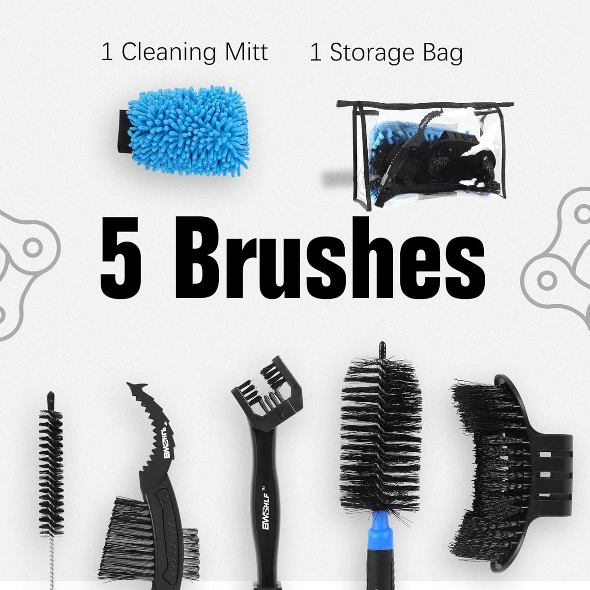 BWSHLF Bike Cleaning Kit (6 Pcs) with 1 Storage Bag, 5 Brushes for Tires, Chain, Sprockets, Cranks, Hubs, and Spokes, 1 Cleaning Mitt for Frame, Saddle, Clean Tools for MTB/Road/BMX/E-Bike/Gravel Bike