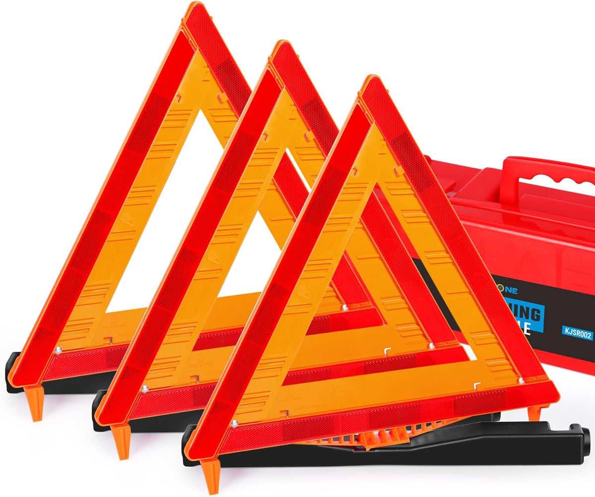 Noone Safety Triangles DOT Approved, 3 Pack Foldable Warning Reflective Triangles, US FMVSS 571 125 with Carrying Case, Heavy Base Emergency Roadside Triangles
