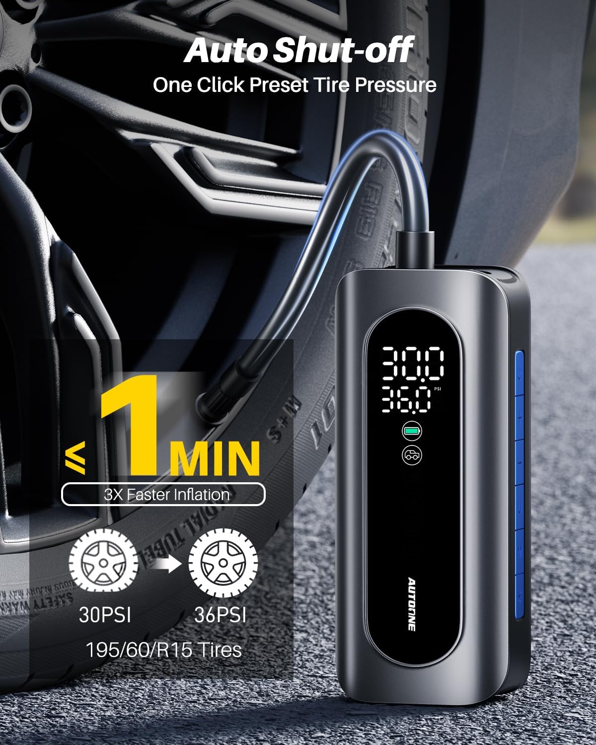 AUTOONE Tire Inflator Portable Air Compressor, 150PSI Air Pump for Car Tires with Tire Pressure Gauge, 3X Faster One Click Smart Cordless Tire Air Pump for Car, Motorcycle, Bike, Ball and More
