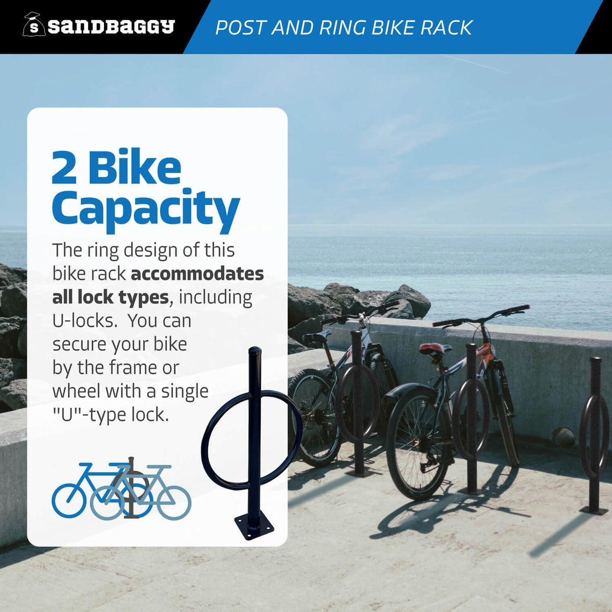 Sandbaggy Post and Ring Bike Rack - Commercial Bike Racks - Galvanized Steel - Anti-Theft Design - In Ground, Apartments, Sidewalks, Industrial (Blue, 1)