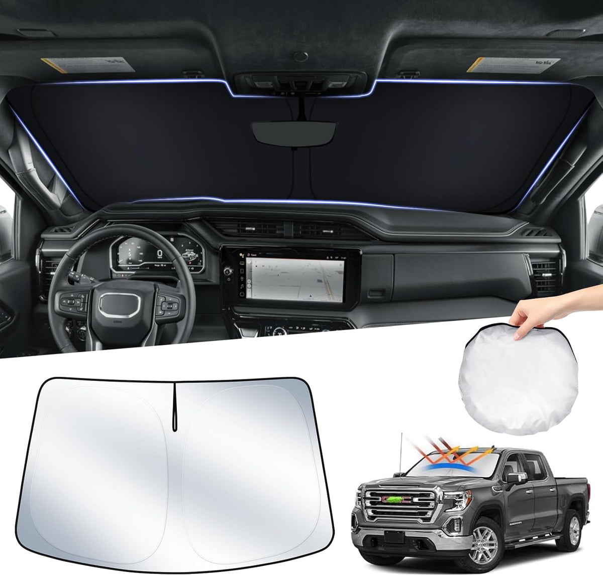 T TGBROS Windshield Sun Shade for 2019-2024 2025 GMC Sierra 1500 2500 3500 SLT, AT4, Denali Accessories Foldable Custom Fit Sun Shield Reflective Polyester Sun Visor Cover Sun Protection