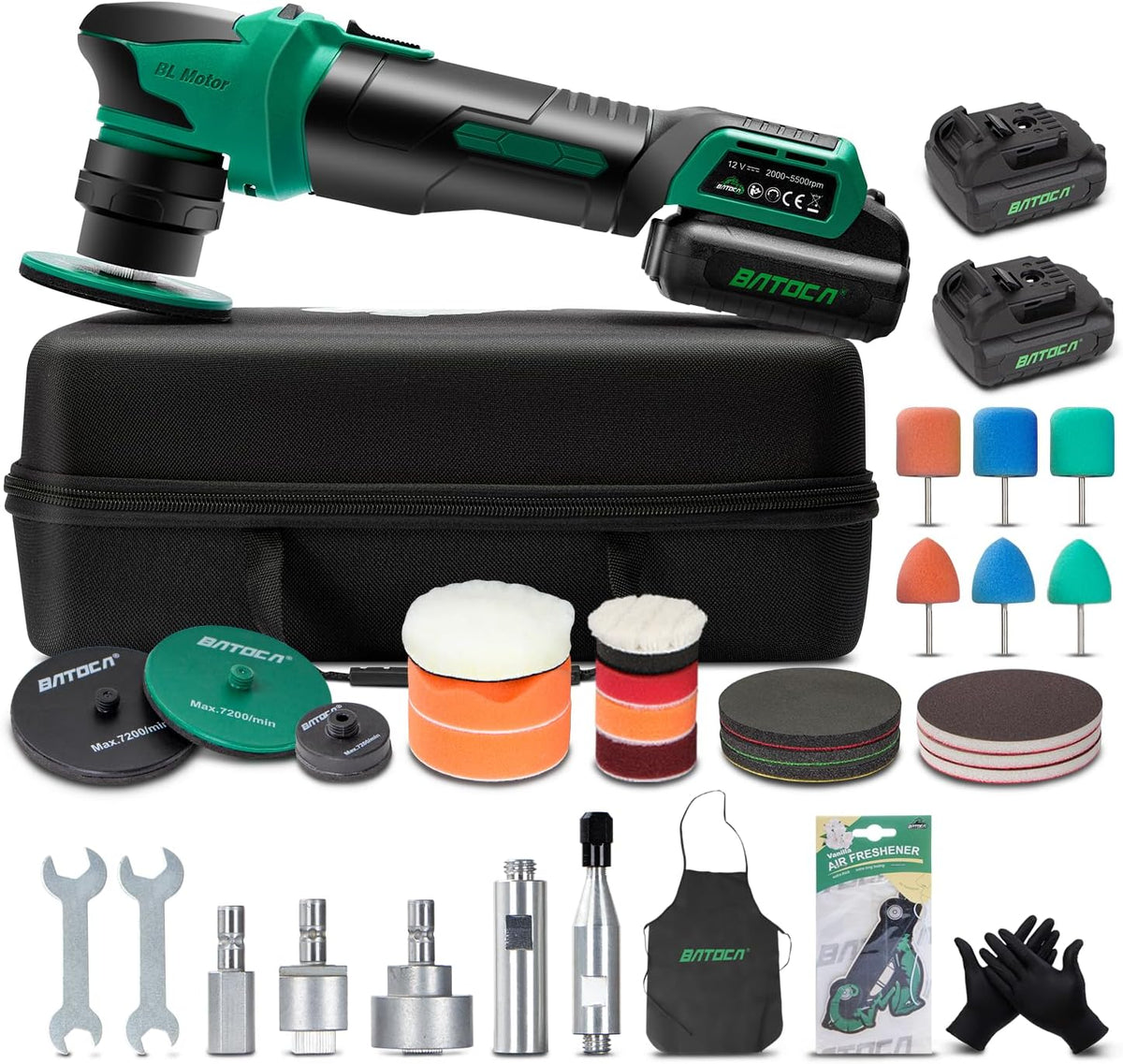 BATOCA S4 Cordless Car Buffer Polisher Rotary Polisher & Dual Action Polisher with 2pcs 12V 2.5Ah Batteries 1&3inch Mini Car Detailing Polishing Kit, 4 Speeds Brushless Polisher for Car Detailing