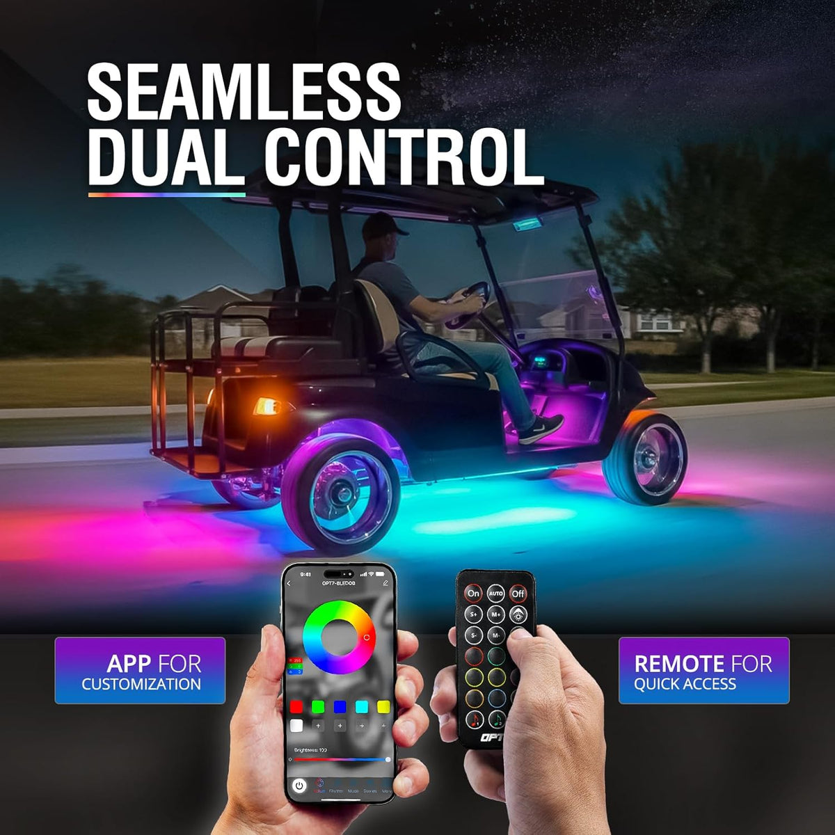 OPT7 Aura DreamColor Underglow Chasing Lights for Golf Cart w/APP & Remote Control, Waterproof Rigid Aluminum Light Bar, Decorative RGB-IC Car LED Lighting Kit, EZGO Yamaha Club Car Universal Fit