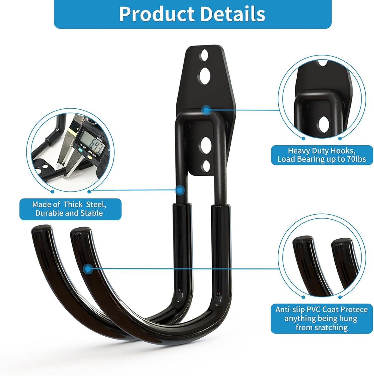 Garage Storage Utility Hooks，Garage Garden Tool Organizer，Steel Wall Mount Hooks, Large Garden U Hooks （2 Pack） (Type-2-Black)