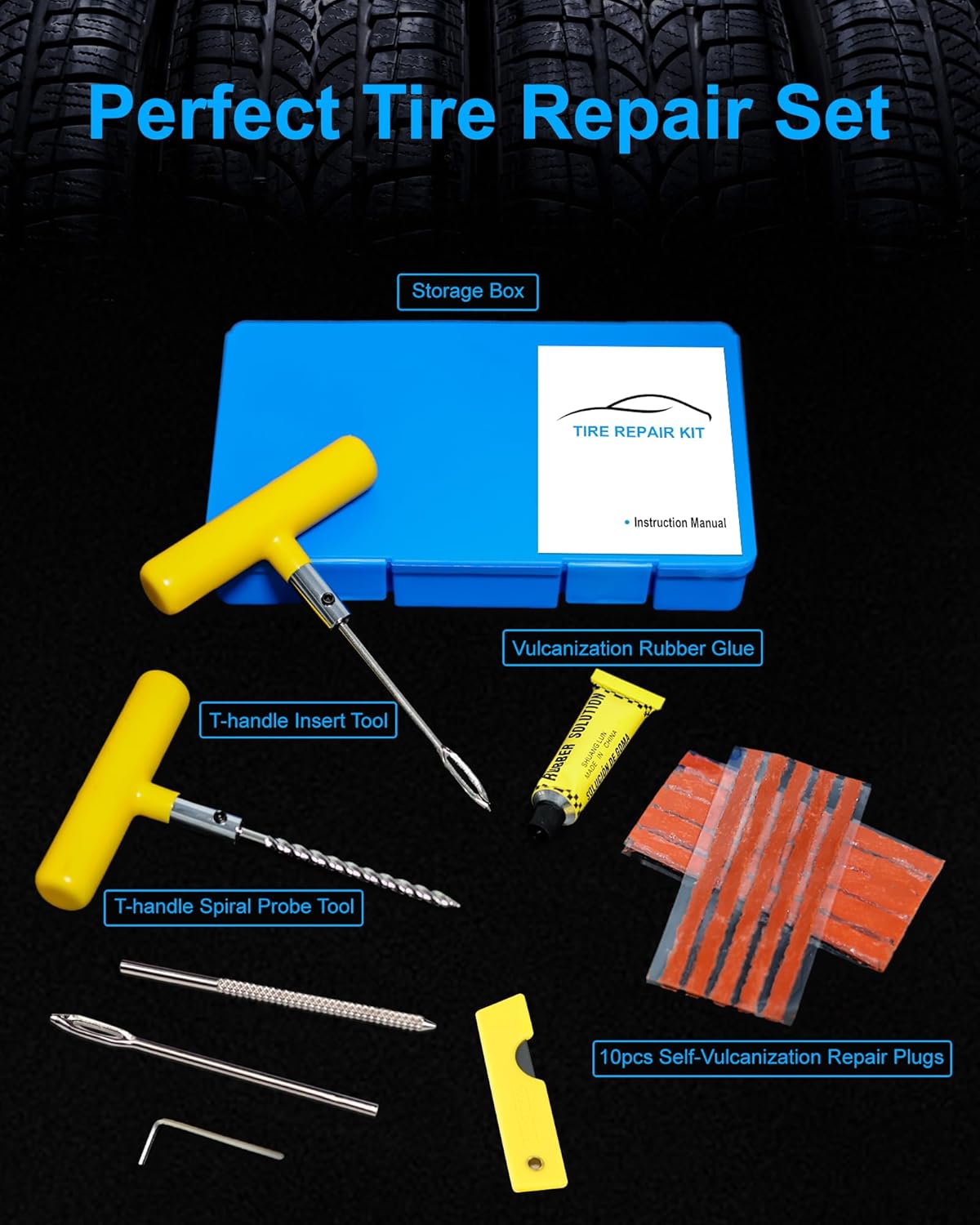 Tire Repair Kit with Plugs, Tire Plug Kit Heavy Duty Professional for Car, ATV, Motorcycle, Truck, Flat Tire Emergency Repair