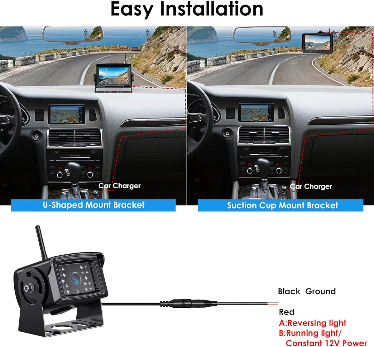 Digital Wireless Backup Camera System Kit, IP69K Waterproof Wireless 2 Rear View Camera + 7’’ LCD Dual Split Monitor for RV/Truck/Bus/Camper/Trailer (WX02)