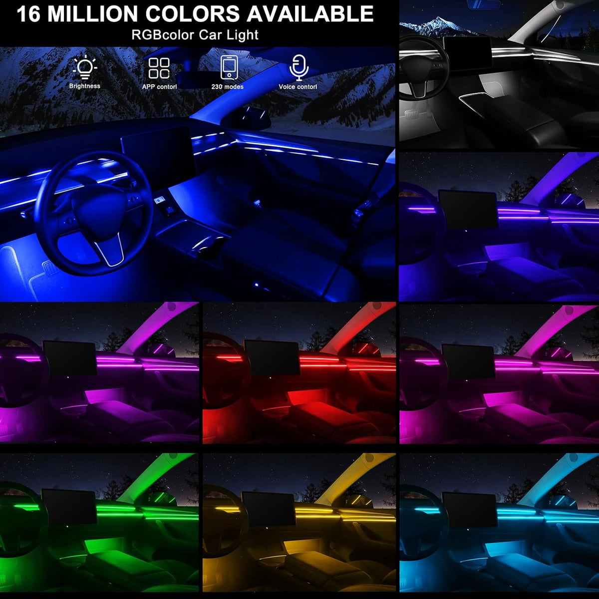 Acrylic Interior Car LED Strip Light with Wireless APP, 10 in 1 with 175 inches 593 LEDs Neon LED Strip Light, RGB Colors Dynamic Music Sync Car Ambient Lighting Kits