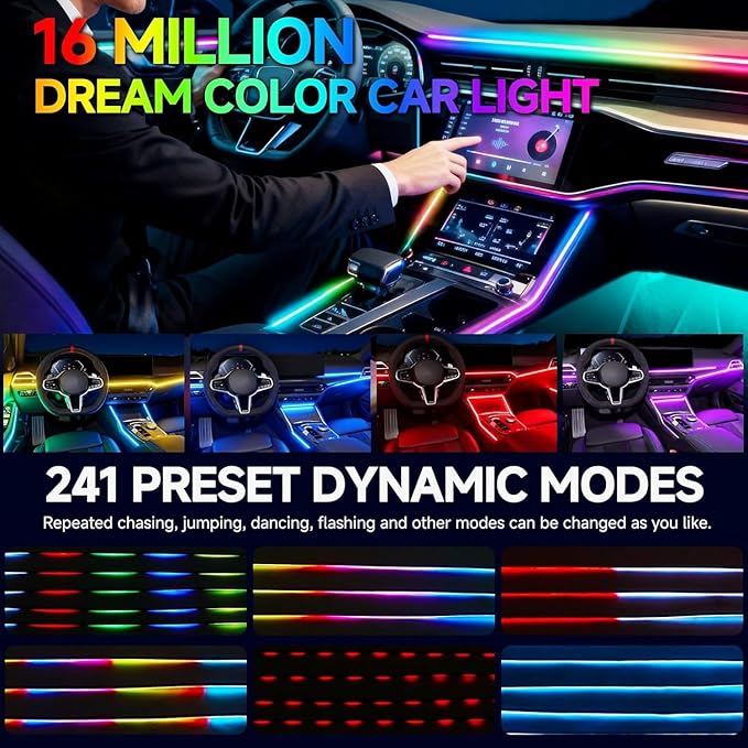 Interior Car LED Strip Lights,Acrylic LED Lights for Car with Dynamic Dreamcolor Chasing,175 inches 6 in 1 RGB Neon Strip Fiber Optic Ambient Lighting Kits with Remote APP, for Inside car Decorations