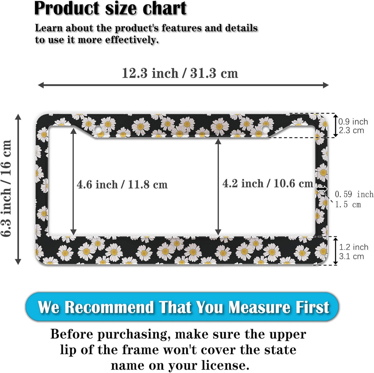 License Plate Protector Black and White License Plate Frames White Daisy Black Decorative Universal Aluminum Car Accessory 2 Pack with Screw Covers Set