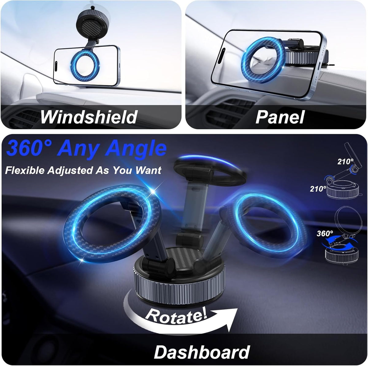 Magnetic Phone Holder for Car - Upgraded 360° Vacuum Magnetic Phone Holder, Foldable Retractable Suction Cup Car Mount for Magsafe for Your Car/Gym/Mirror Mount for iPhone & Android