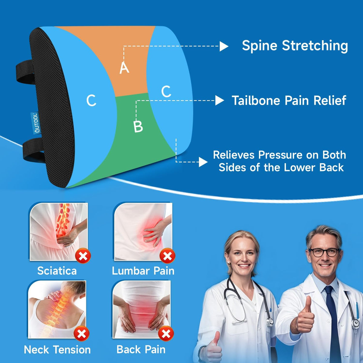 Lumbar Support Pillow for Office Chair, College Dorm Room Essentials, Memory Foam, Lower Back Support for Car, Back Pain Relief, Back Cushion for Chair with Adjustable Strap and Mesh Washable Cover
