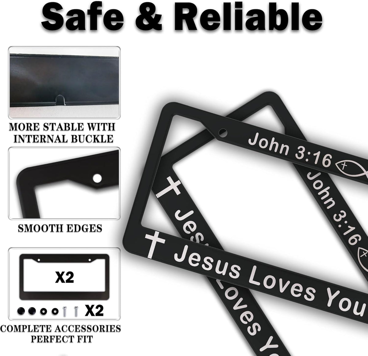 License Plate Cover Black and White License Plate Frames John 3:16 Jesus Loves You Universal Aluminum Car Accessory 2 Pack with Screw Covers Set