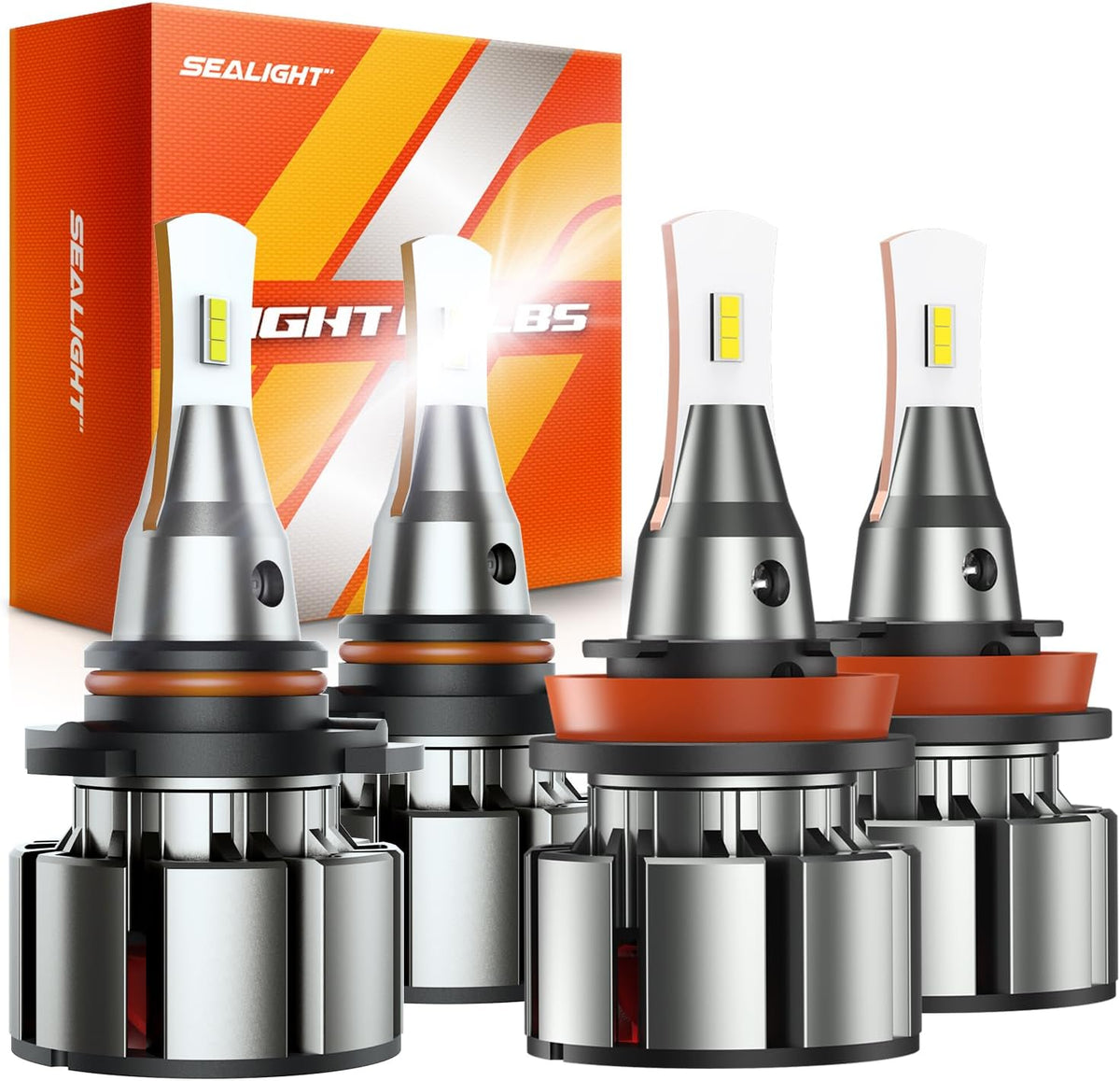 SEALIGHT 9005 H11 Bulbs Combo, 72000LM 800% Brightness 9005/HB3 High H11 High Low Beam Bulbs, 6000K Cool White with Silent Fan, IP68, 360° Adjustable, L2 Powersports Headlight Bulbs, Pack of 4
