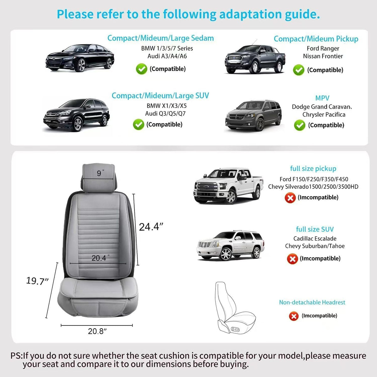 2pc Car Seat Covers, Luxury Car Protectors, Universal Anti-Slip Driver Seat Covers, Edge Wrapping Front Car Seat Covers with PU Leather(Gray)