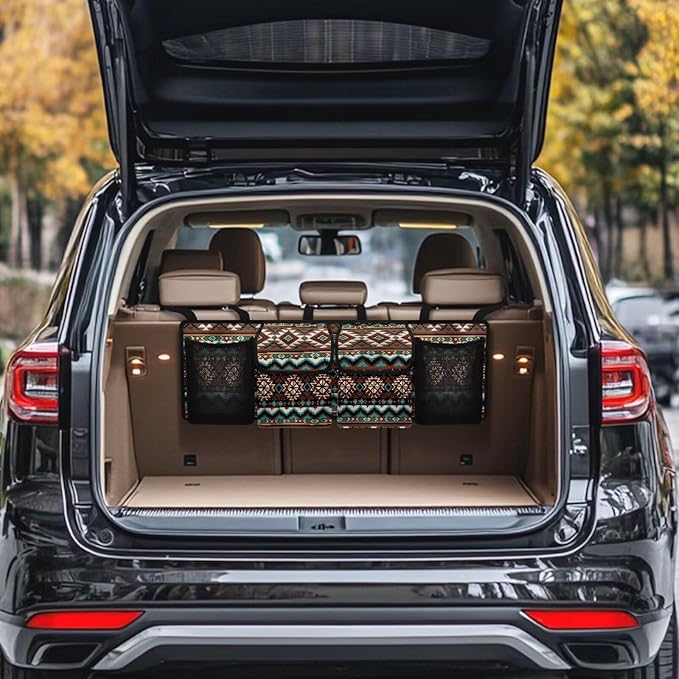 Tribal Aztec Print Car Trunk Organizer and Storage, Backseat Hanging Organizer for SUV, Truck, Waterproof Cargo Storage Bag with 4 Pockets, Car Interior Accessories