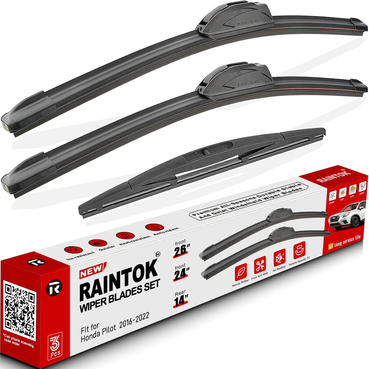 Windshield Wiper Blade Set Replacement for 2016-2022 Honda Pilot and Rear Windshield Wiper Blade-26"/24"/14" (Set of 3) U/J HOOK