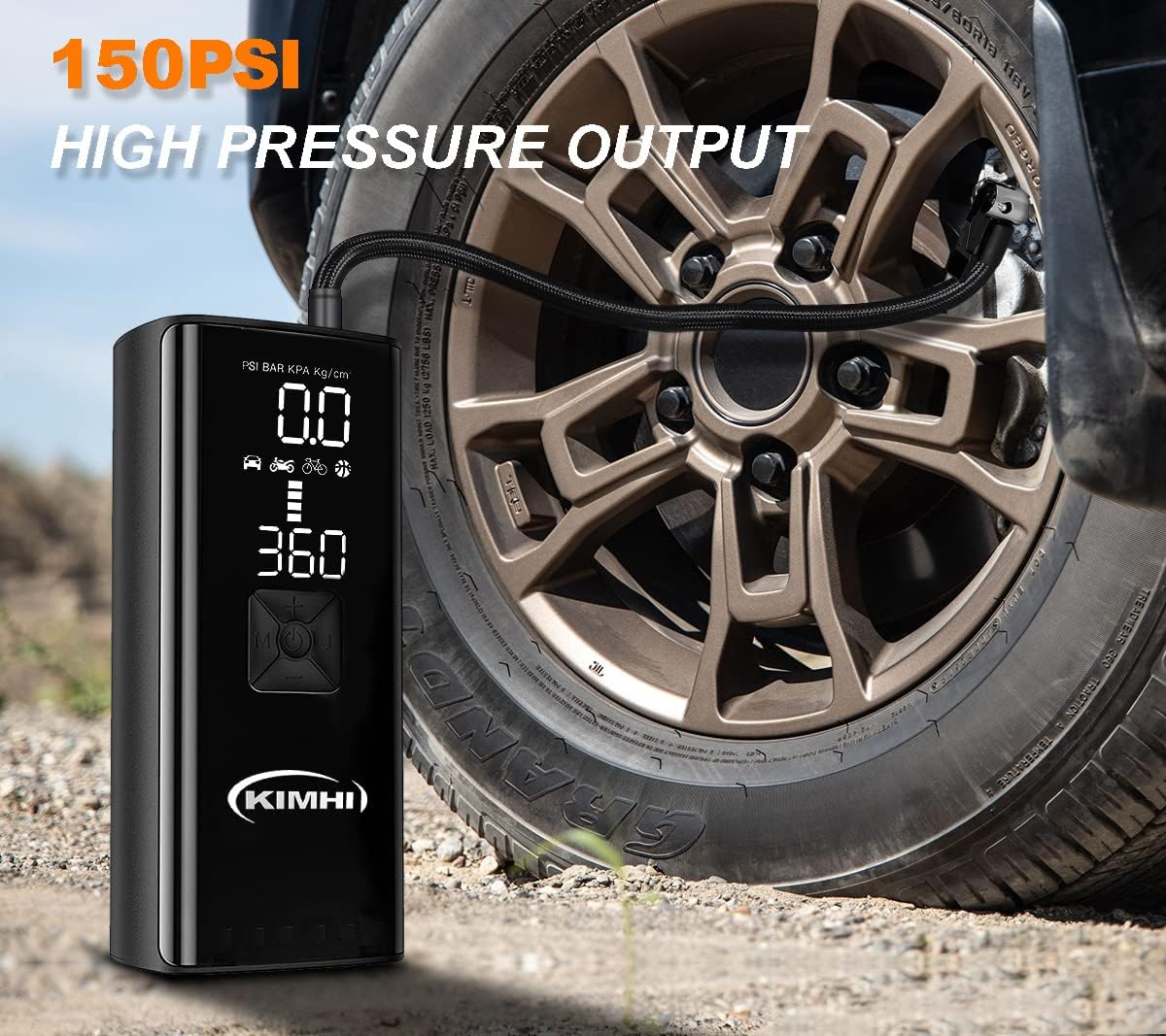 Tire Inflator Portable Air Compressor - KIMHI 150 PSI Cordless Car Air Pump,2X Faster Pump with 10000mAh Rechargeable Battery,Digital Pressure Gauge, LED Light,For Car,Motorcycle and Ball