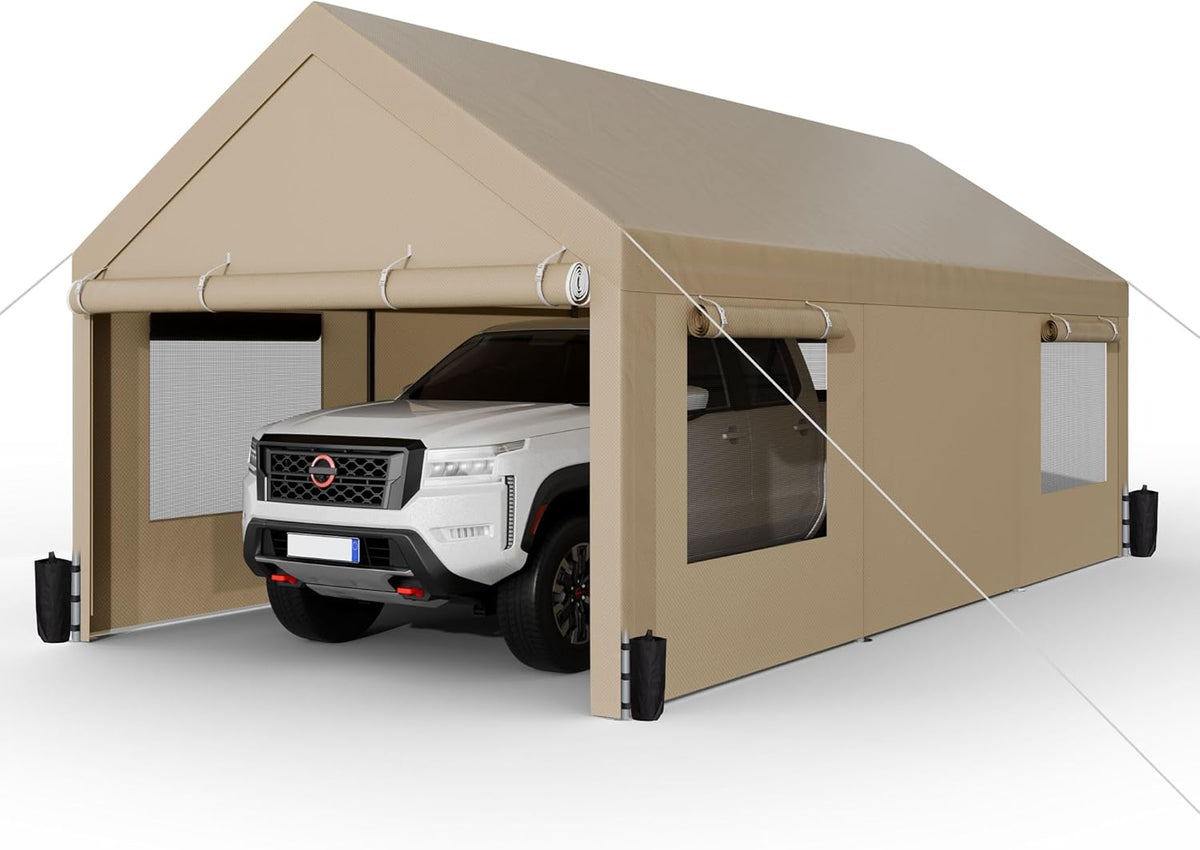 Shintenchi Carport 10' x 20' Heavy Duty Portable Garage, Car Port Canopy with Side-Opening Removable Door & Roll-Up Windows, Car Canopy for Truck,Car,Boat,Motorcycle,Khaki