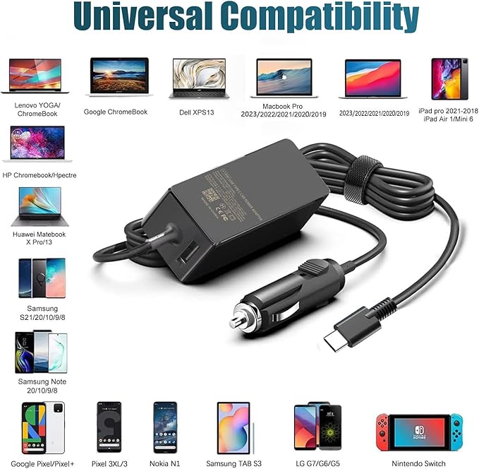 100W USB C Laptop Car Charger for Dell Latitude/Dell XPS, Lenovo Thinkpad/Yoga/IdeaPad, MacBook Pro/Air, HP Spectre/Elitebook, LG Gram, Samsung Acer Asus Chromebook Charger