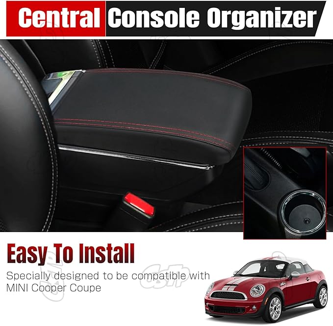 Center Console Armrest Compatible with Mini Cooper Coupe R50 R52 R53 R56 R57 R58 F55 F56 F57 Countryman with 7 USB Port Cup Holder Double Layer Organizer Storage Box (Black with Red Line)