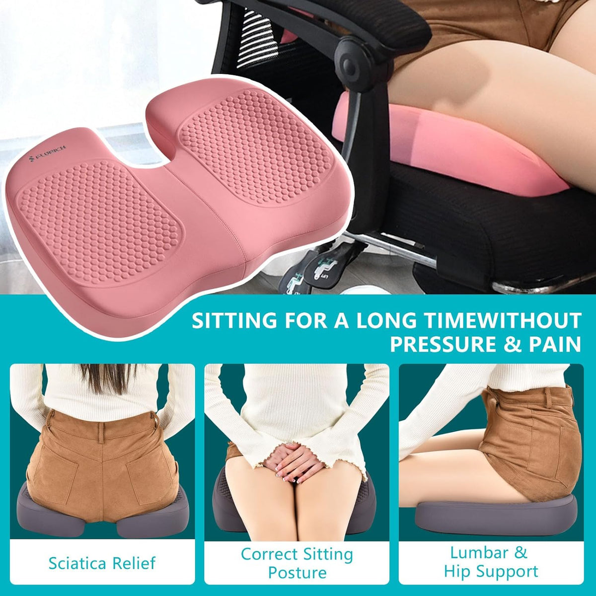 FLORICH Car Seat Cushion and Back Support for Office Chair Memory Foam Chair Cushions Pressure Relief Seat Pads with Gel Massage Point Lumbar Support(Pink)