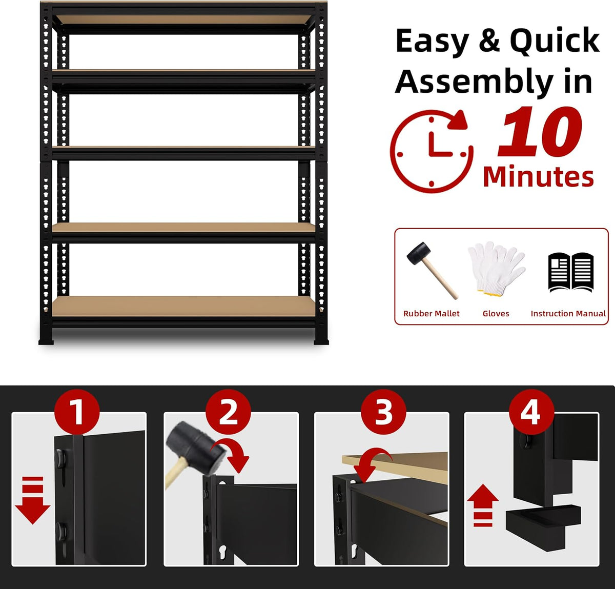 5-Shelf Heavy Duty Shelving - Adjustable Garage Storage Shelves, Metal Utility Storage Racks for Warehouse Pantry Basement Kitchen, Garage Organizers Shelf Unit, Black
