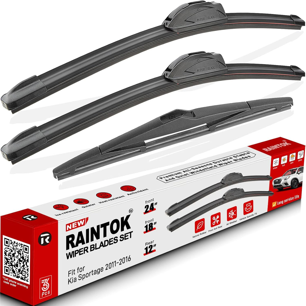 Windshield Wiper Blades Replacement for Kia Sportage 2011 2012 2013 2014 2015 2016 Original Factory Quality Front Rear Wipers Blade Set for My Car - 24" 18" 12" (Pack of 3)