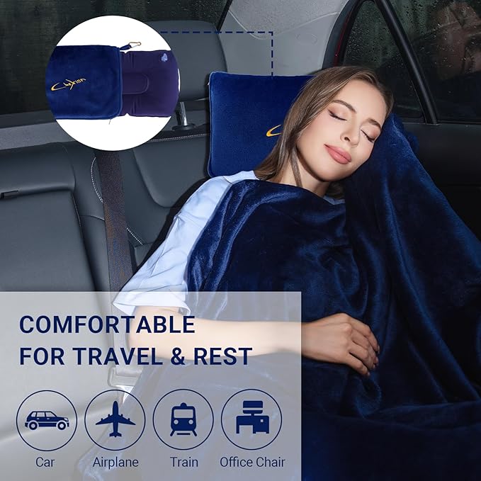 Travel Blanket & Pillow Set, 300 GSM Soft Fleece, 60x43 Inches, 3-in-1 Airplane Blanket, Travel Pillow and Blanket Set, Travel Blanket Airplane Compact with Bag, Travel Essentials, Navy