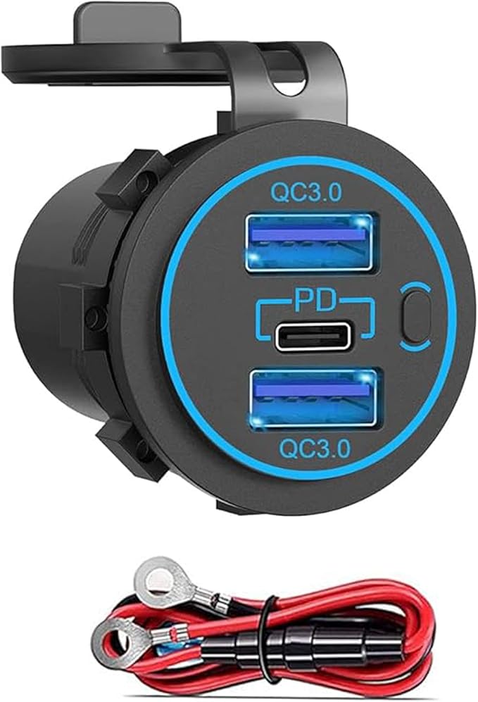12v usb charger, PD 20W USB-C Power Socket and 18W QC3.0 Socket Waterproof Power Outlet 12V/24V with Power Switch 12V USB C Outlet for Car Golf Cart Boat Marine Bus Truck RV Marine Motorcycle etc.