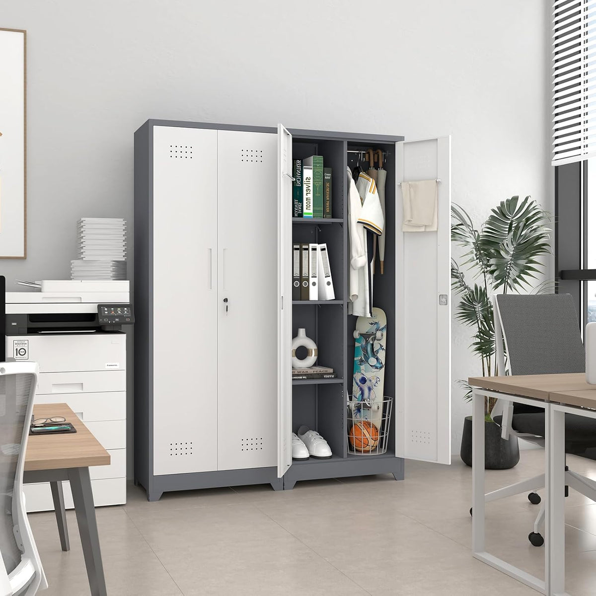 GREATMEET 65" Garage Storage Cabinet, Broom Closet Storage Cabinet, Metal Cabinets with Doors and Shelves, Utility Closet for Brooms and Mops, Utility Cabinets for Storage, Grey&White