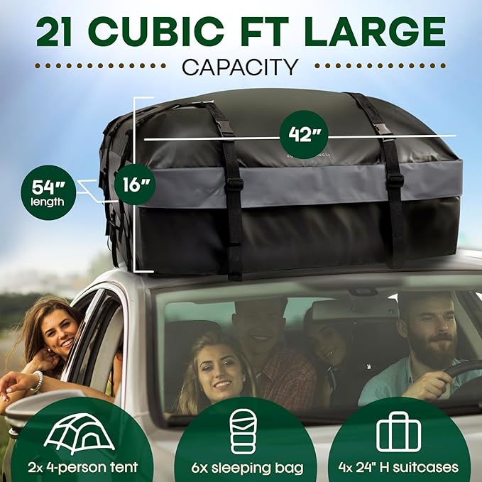 21 Cubic Feet Car Rooftop Soft Shell Cargo Carrier, 100% Waterproof - Car Storage for All Vehicle with/Without Racks - Attached Anti Slip Mat, Storage Bag, 6 Door Hooks and 6 Straps