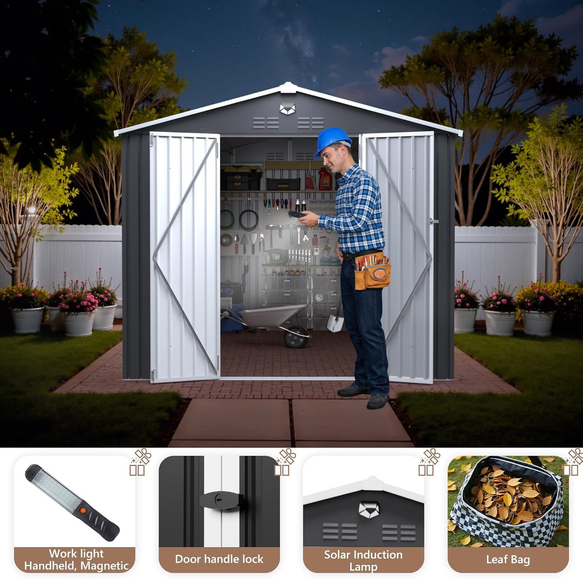 10x12 FT Outdoor Storage Shed, Metal Garden Shed - Tool Storage Sheds with Lockable Doors, Waterproof Outside Storage Building for Backyard, Patio (Black; Floor Not Included)