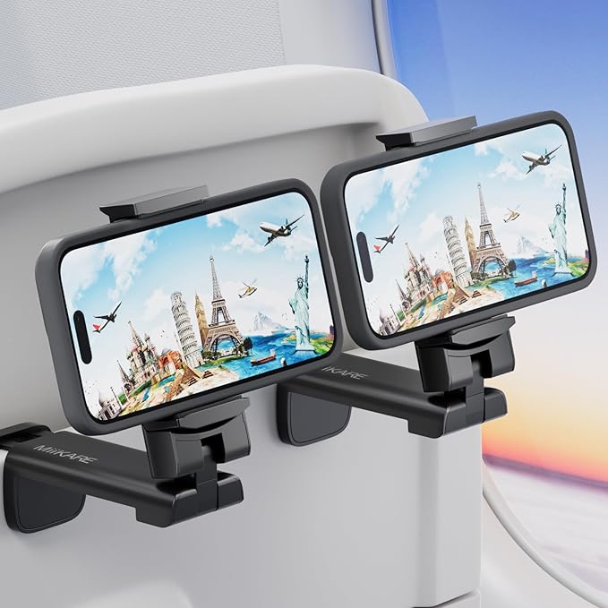 MiiKARE Travel Essentials Airplane Phone Holder, Universal Handsfree Phone Mount for Flying with 360 Degree Rotation, Travel Must Haves Phone Stand for Desk, Tray Table, Black&Black