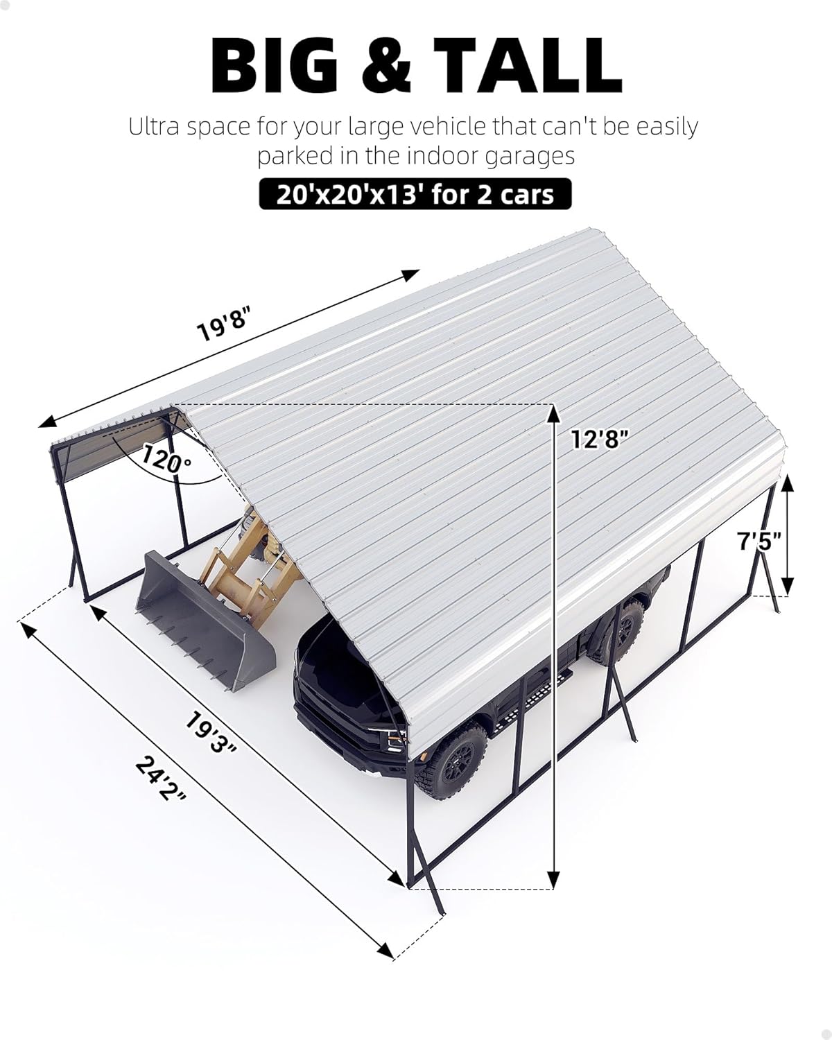 20'x20'x13' Metal Carport for 2 Cars, Heavy Duty Car Ports for Heavy Snow, Reinforced Frame, Tall Metal Car Ports for Bass Boats, Full-Sized Pickup Trucks, and Tractors, N.W. 800 Lbs
