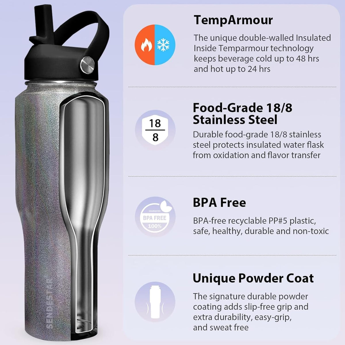 SENDESTAR 32oz Stainless Steel Water Bottle(Cold for 48 Hrs, Hot for 24 Hrs),Double Wall Vacuum Insulated Bottle with Straw Lid, Spout Lid and Flex Cap, Fit in Any Car Cup Holder TXIN-32-Laser Grey