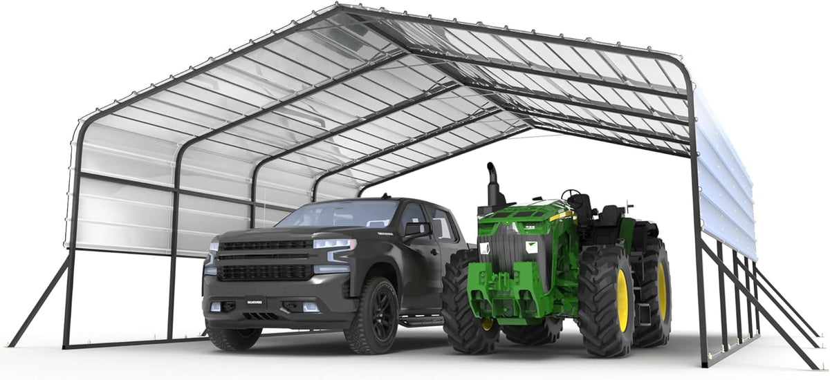 20x20 Metal Carports Heavy Duty for 2 Cars Garage,Car Tent Garage with Galvanized Metal Roof,Outdoor Garage Shelter for Car, SUV, Truck and Boats, Grey All Weather