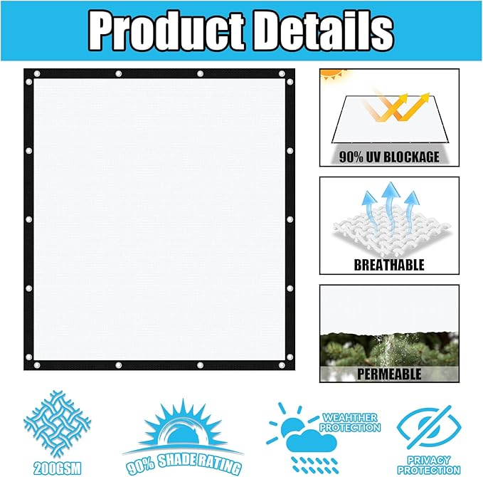 Amagenix 90% Pergola Shade Cover 8' X 17' Sun Shade Cloth with Grommets for Outdoor Garden Patio Porch, Commercial Grade 200 GSM - Cable Zip Ties Included (We Customized) GN108, White