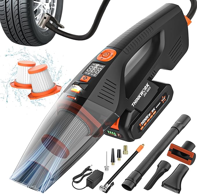 THINKWORK 20V Car Vacuum & Air Inflator, Dual Function High Power Handheld Cordless Vacuum with 18000pa Suction Power for Car Cleaning, Household Dust Removal, Inflation
