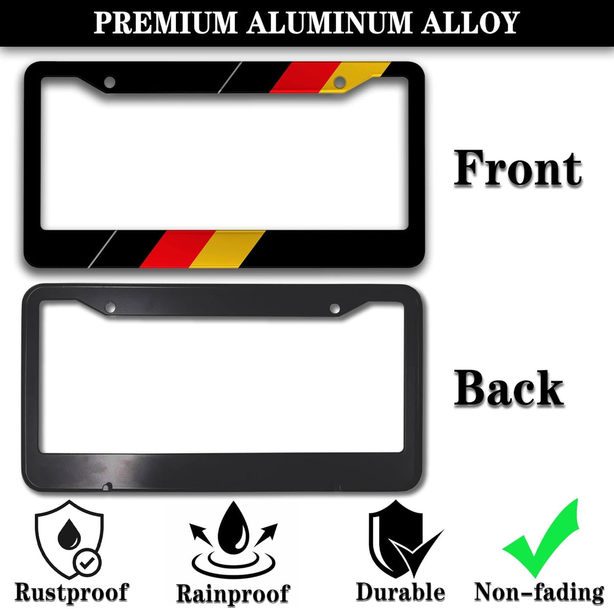 License Plate Protector Black, Yellow, and Red License Plate Frames German Flag Aluminum Metal Car Accessory 2 Pack with Screw Covers Set