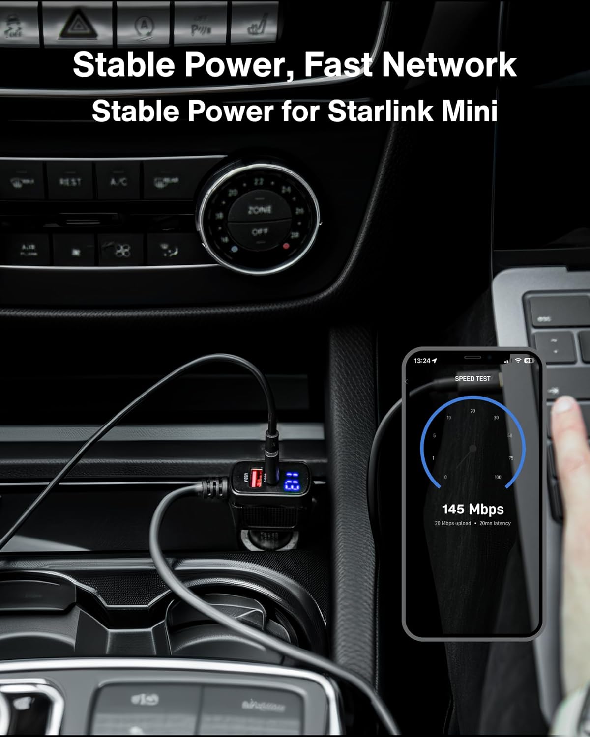 Car Charger Cable for Starlink Mini 16.5FT with Display - 12-24V Cigarette Lighter to DC Power Cable, 60W DC + 33W Dual USB-C/USB-A Adapter for Trucks, RVs & Boats, 18AWG Cord with Voltage Monitoring