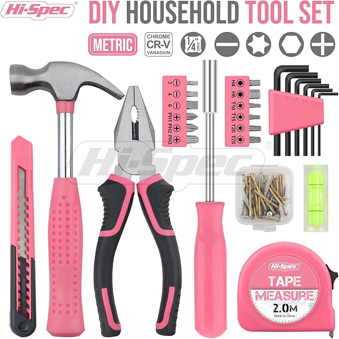 Hi-Spec Tool Set 25pc Pink Household DIY Tool Kit for Women. Small Mini Tool Box Set of Starter Basic Ladies Tools