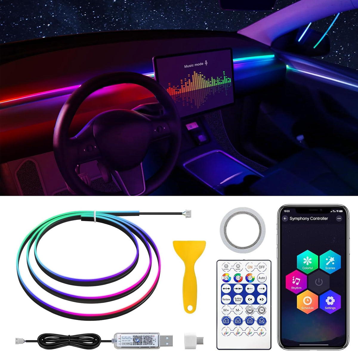 Dreamcolor Acrylic Interior Car LED Strip Light with USB/Type C, 47.24 inches Fiber Optic Ambient Lighting Kits, 16 Million Colors Sound Active Function